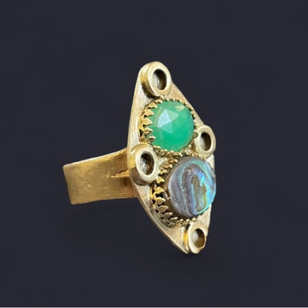 Green Chrysoprase & Abalone Shell + Brass Metal Ring (Size 10.5)